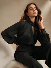 Anewsta Black Modern Urban Hollow-Out Satin Long Sleeve Shirt